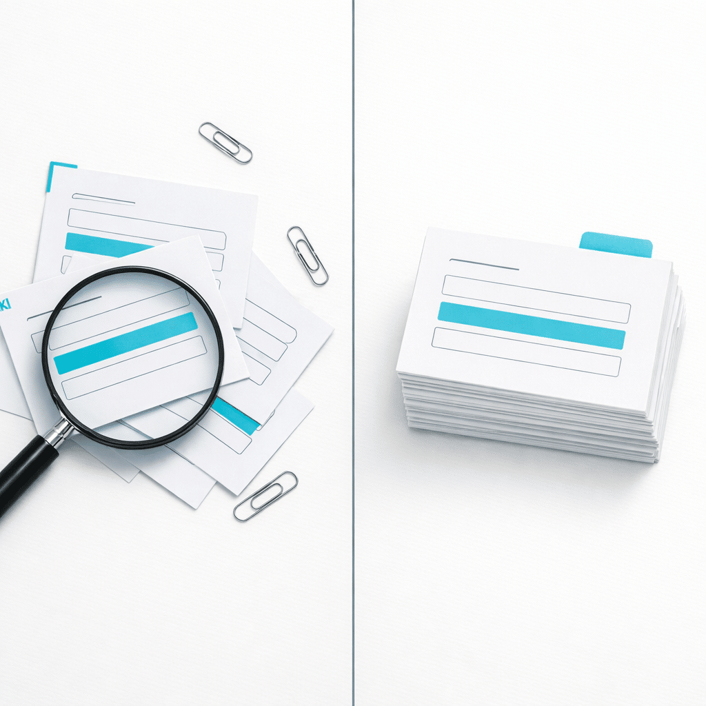 Top-down white desk scene with two matching abstract enquiry cards beneath a magnifying glass, with a cyan marker highlighting one shared field and dark teal line work.